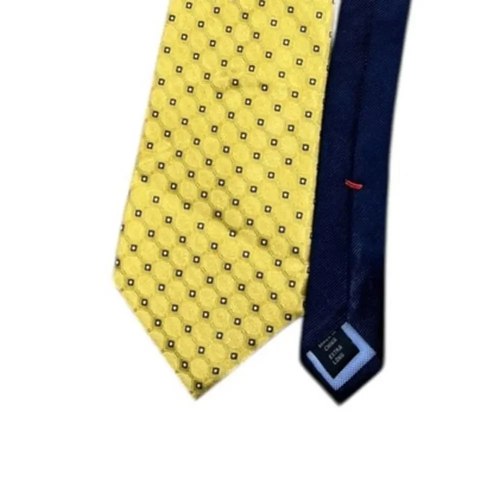 Tommy Hilfiger Extra Long Silk Tie Yellow Navy Geometric Medallion 67.5”